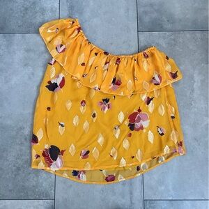 Sezane Adelie Ruffle one shoulder top silk blend gold saffron flowers 38 fr or M